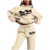 Womens 2026 New York Print Hooded Sweatshirt Set With Fleece-Lined Pants Fall Winter Outfit Streetwear Casual Tracksuit
