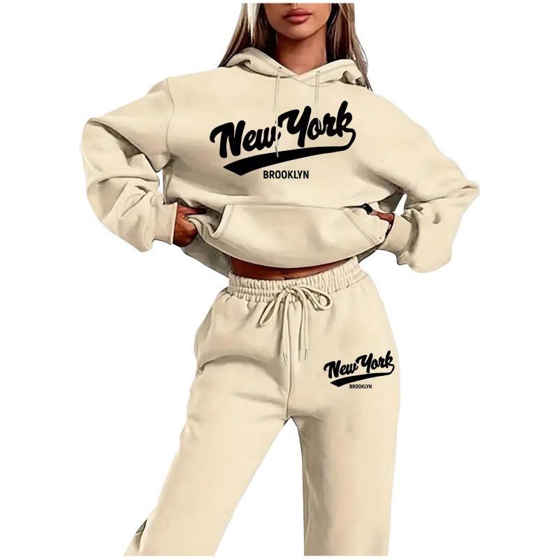 Womens 2026 New York Print Hooded Sweatshirt Set With Fleece-Lined Pants Fall Winter Outfit Streetwear Casual Tracksuit