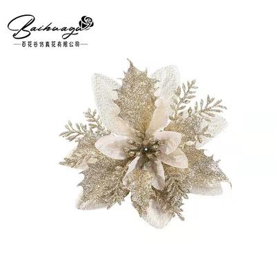 Conjunto de 10 peças de enfeites de flores de poinsétia de Natal, acessórios florais brilhantes, guirlanda de Natal, decorações de árvore para festa, casa, casamento
