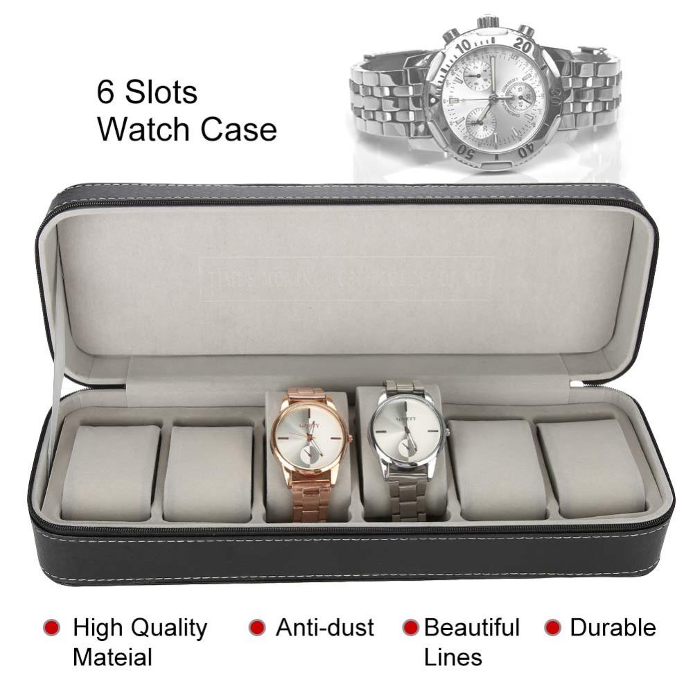 Anti-scratch PU Leather Watch Bag Black 6 Slots Watch Storage Zipper Type Dustproof Watch Case Watch Protection