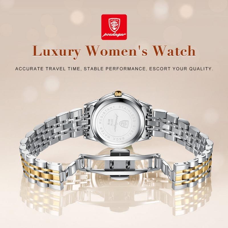 POEDAGAR Luxury Ladies Wristwatch Luminous Waterproof Date Week Woman Dress Watches Stainless Steel Watch Quartz Clock+Box