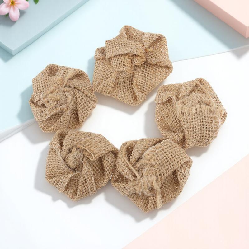 5Pcs Artificial Burlap Rose Flowers Light Brown 6Cm Decorative Roses for Wedding Christmas Party Home Garden Decoration Hessian