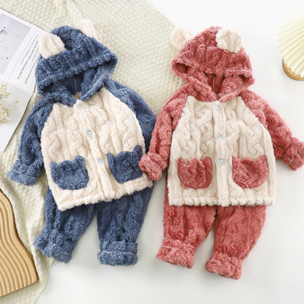 Kinderpyjama Herbst und Winter Dick Kapuze Langarm Hose Cartoon mit Taschen Hauskleidung