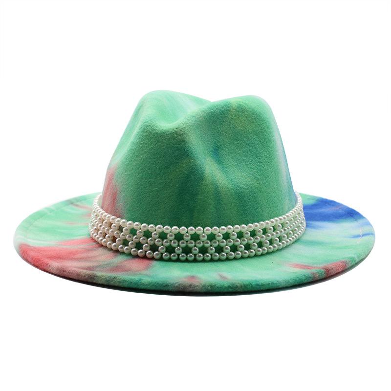 Сезон ветров Мужчины и женщины Тай-дай Синий Шерстяной Подарок Плоская тулья Жемчужная Шляпа Джаз Фетровая шляпа M（56-58cm）