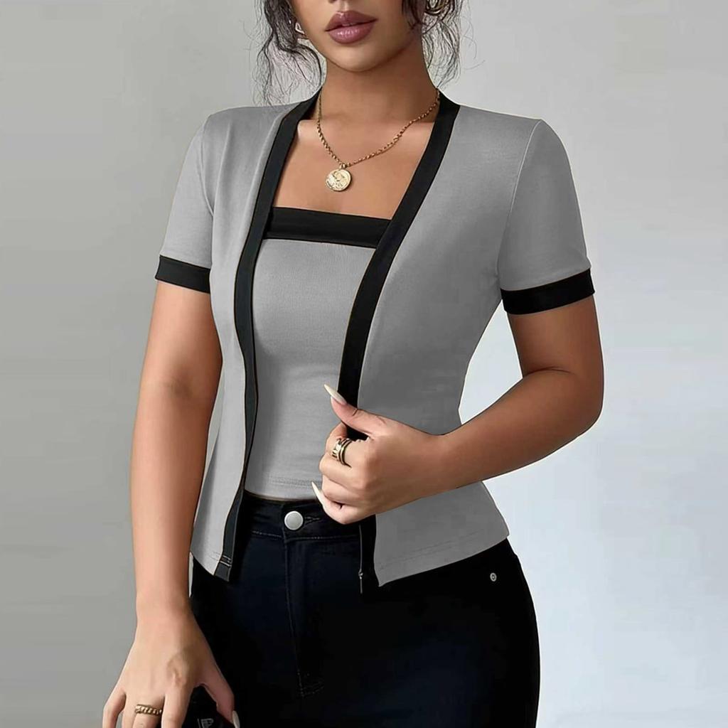 New Fashionable Women's Two-piece Color-Blocked Short-Sleeved Knit Cardigan Top