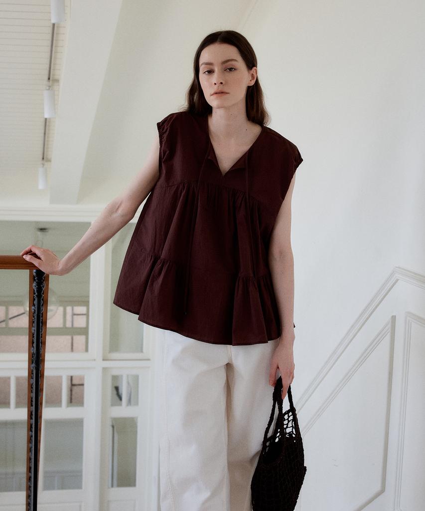 THEELO Shirred Panel Top Blouse (Brown)
