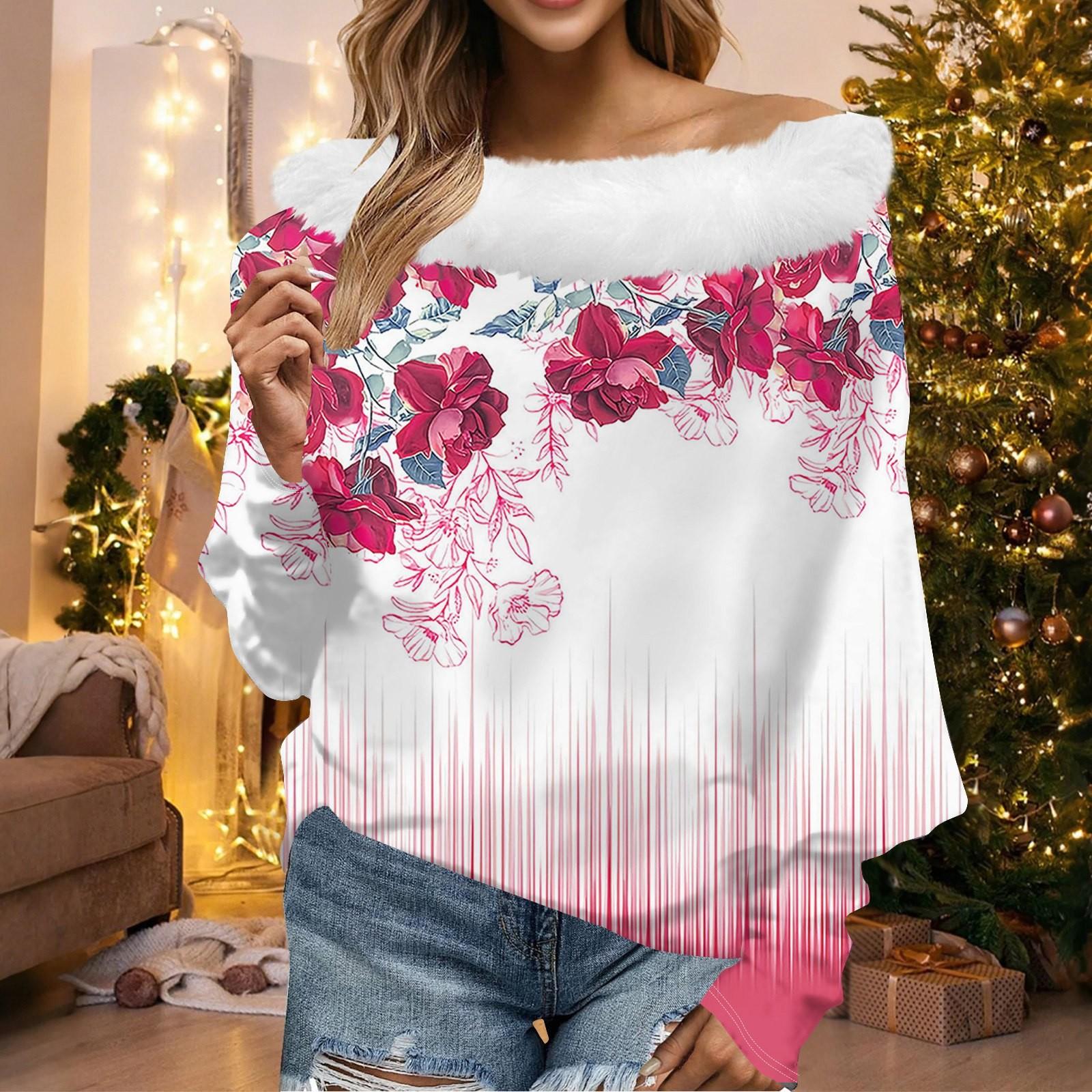 

Женский свободный повседневный топ с открытыми плечами из плюшевой ткани в стиле пэчворк с цветочным принтом и линией горловины S красный