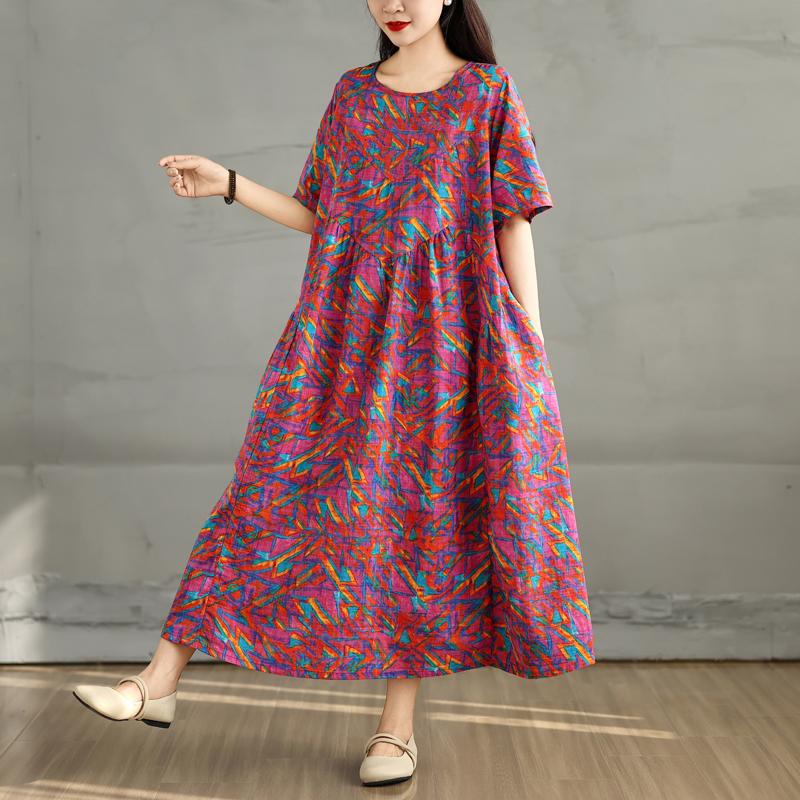 DIMANAF 2025 Plus Size Summer Dress Women Casual Vintage Long Dress Floral Printing Loose Shirt Dress Maxi