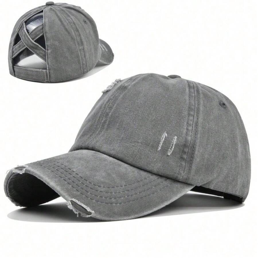 Vintage Washed Distressed Denim Baseball Cap With Criss Cross Ponytail Hole For Women