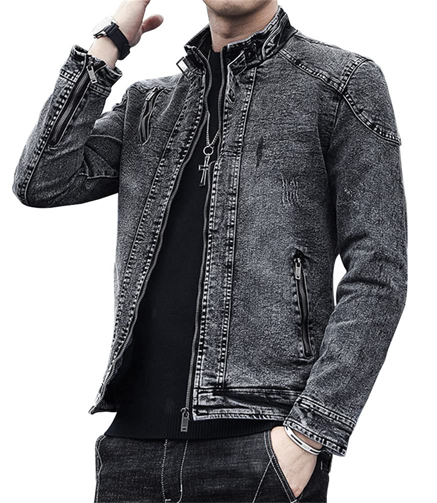 

ZHENGTU Men s Denim Jacket, Long Sleeve, Zippered, Casual, Spring Coat, Stylish, Perfect for Commuting, School, and Winter (Black, Size M)