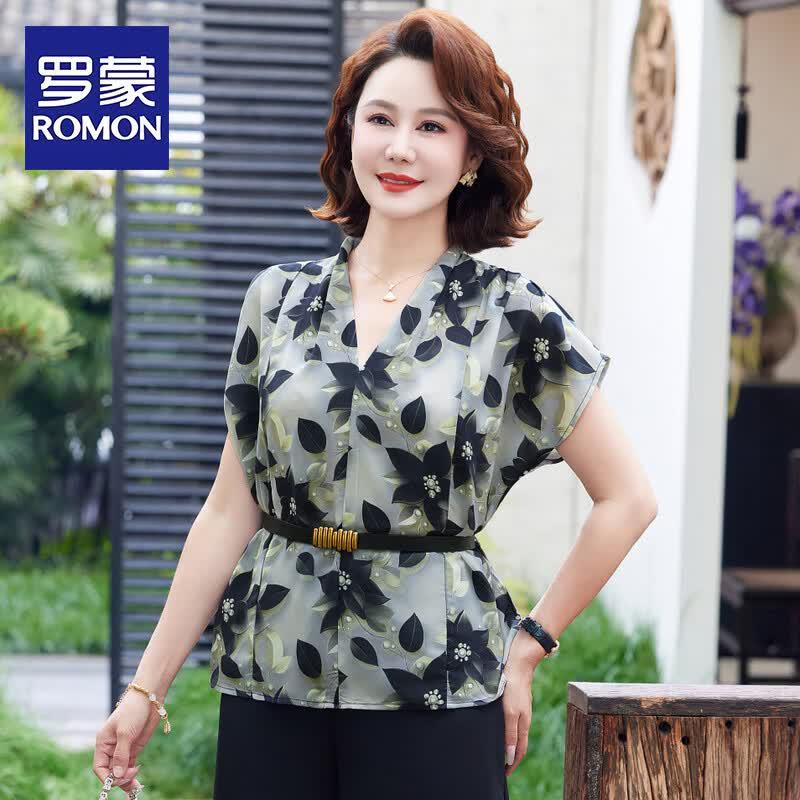 Romon Mid-Aged Women s Summer Short Sleeve Set 2XL