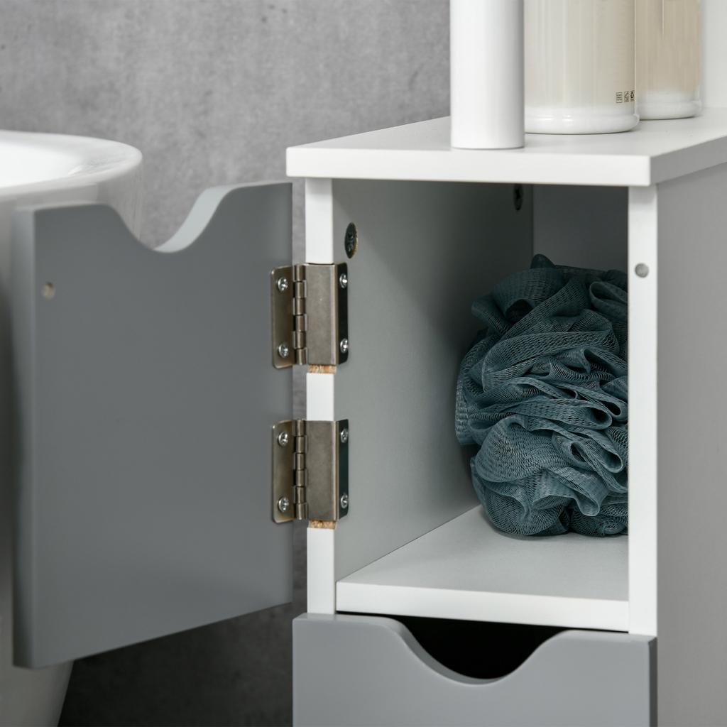 Bathroom Column with 2 Shelves and 2 Cabinets, Wooden, 15.2x29.8x118 Cm, White and Grey