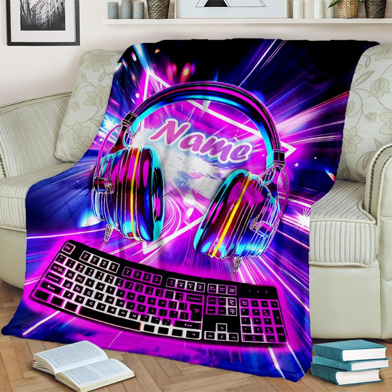 1PC Custom Name Neon Lights Music Flannel Blanket Versatile, All-season Throw Suitable for the Living Room, Bedroom, Camping, Travel, and Gift