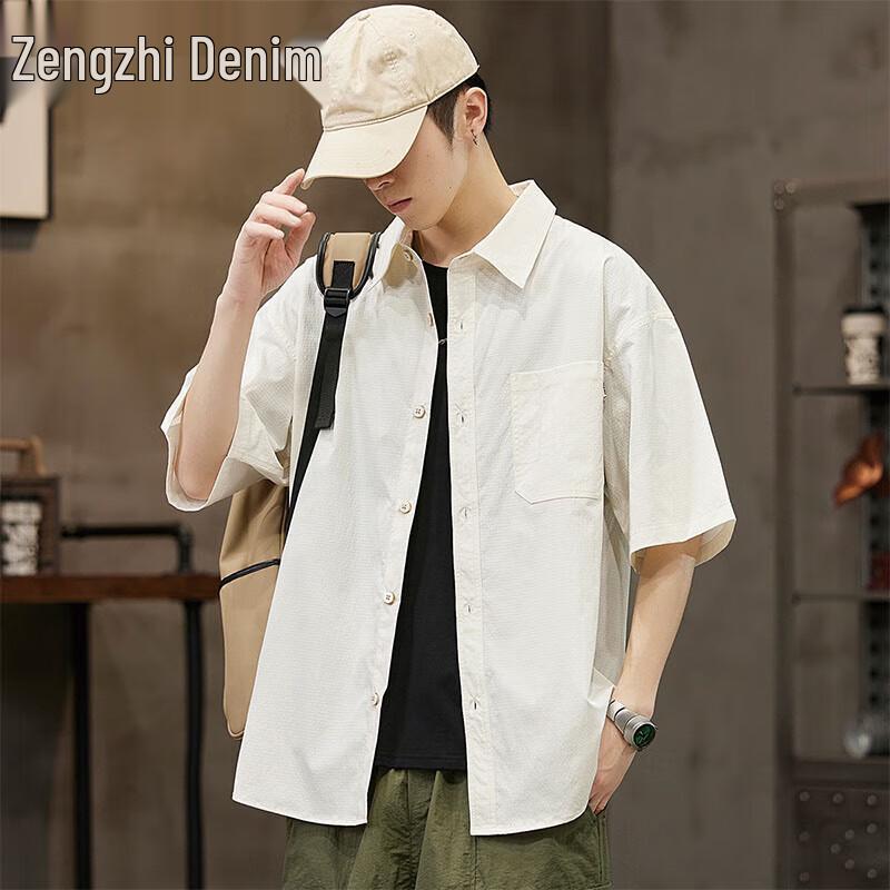 Men s Japanese Style Ice Silk Breathable Loose Short Sleeve Shirt 2XL