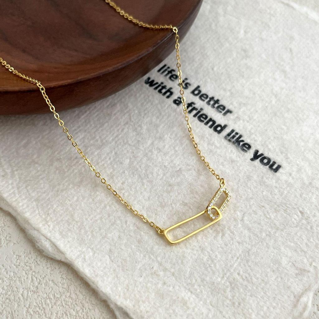 18K Gold & S925 Sterling Silver Interlocking Ring Necklace with Paperclip Chain - Women's High-End Design