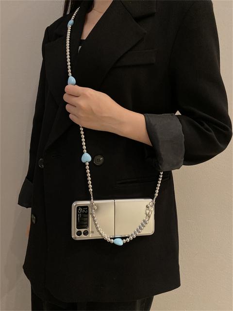 

Корейский ремешок через плечо с бусинами в форме сердца, серебристый чехол с покрытием для Samsung Galaxy Z Flip 3 4 5g Z Flip3 4 Zflip3 задняя крышка Samsung Z Flip 3