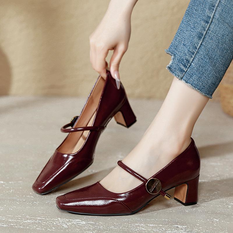Square Head High Heels Thick Heels Are Not Tired Feet New Spring and Autumn Burgundy Light Mouth Single Shoes Splicing Word with Mary Jane Shoes