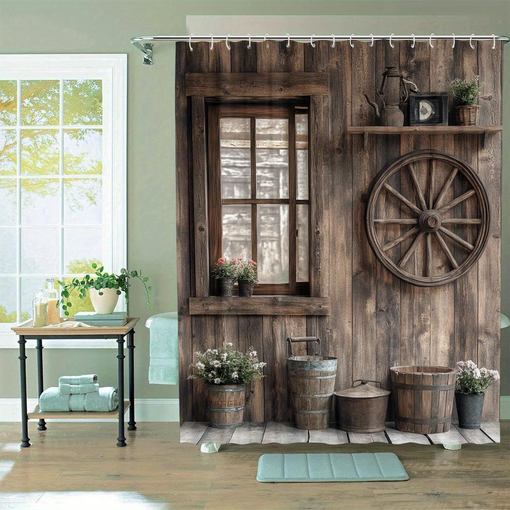 Rustic Wooden Barn Shower Curtain Vintage Window Wheel Bucket Decor Farmhouse Bathroom Art 3D Printed Waterproof Bath Curtain