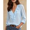 European and American Women's Clothing, New Long-sleeved V-neck Ruffle Edge Solid Color Temperament Elegant Slim-fitting Versatile Top