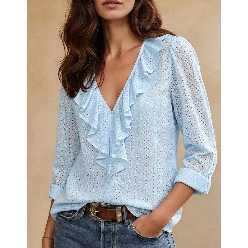 European and American Women's Clothing, New Long-sleeved V-neck Ruffle Edge Solid Color Temperament Elegant Slim-fitting Versatile Top