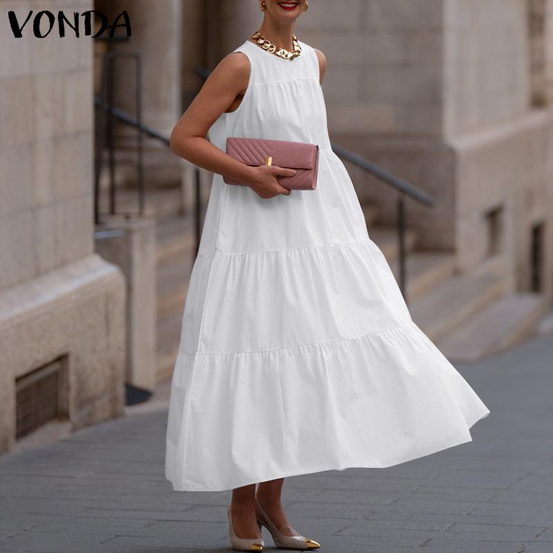 

VONDA Women Round Neck Sleeveless Ruffled Casual Swing Pleated Dress S белый