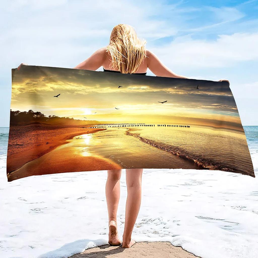 Strand Badepool Saugfähiges Handtuch,Strand Meeresküste Sonnenuntergang Strandwellen Küsten,Leichtgewicht Waschlappen Schnelltrocknend Sandfrei Poolhandtücher