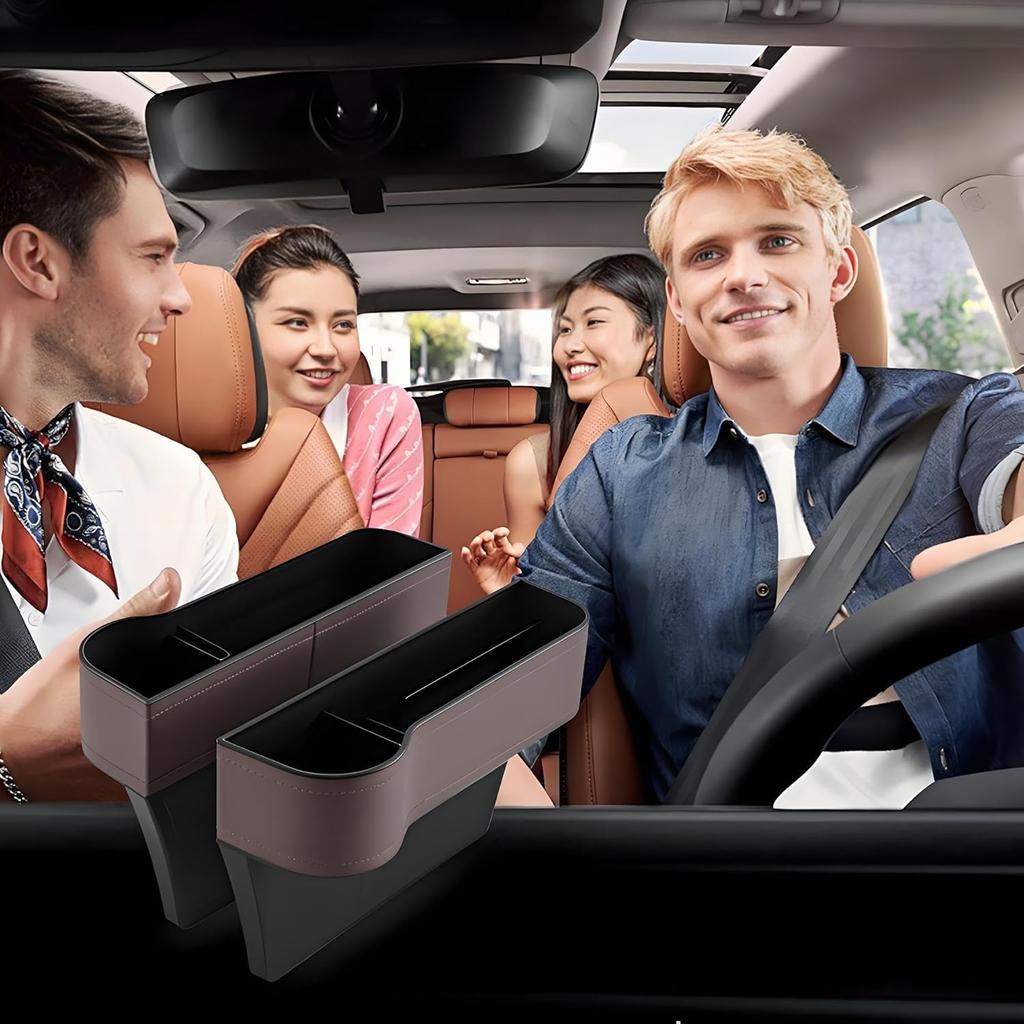 2026 Upgraded 2 PC (L+R) Premium PU Leather Car Seat Gap Filler Organizer With Cup Holder & Storage Slot/Bag– Fits Front Seat, Holds Phone,