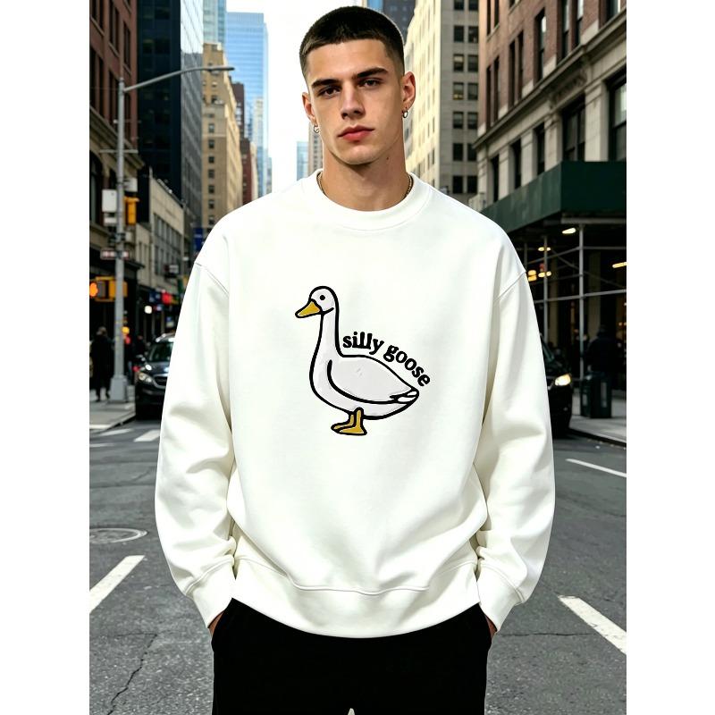Men'S Crew Neck Long Sleeve Sweatshirt, Cute Cartoon White Goose Graphic Print Pullover with "Silly Goose" Letter Pattern