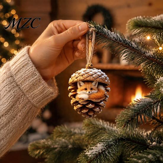 Durable Holiday Ornaments Forest Animal Acorn Ornaments, Cozy Woodland Christmas 2D Acrylic Realistic Hanging Decor Pine Cone Pendant for Xmas