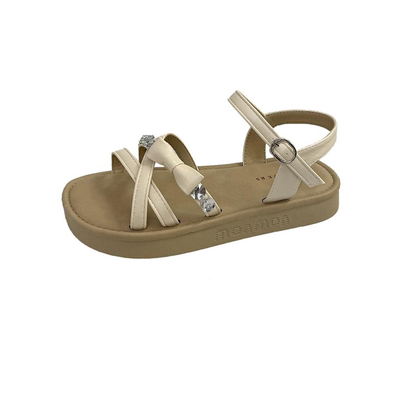 

Fashion Platform Roman Sandals New Summer Round Toe Open Toe Bow Rhinestone Soft Slip Sport Strap Flat Beach Shoes 35 бежевый