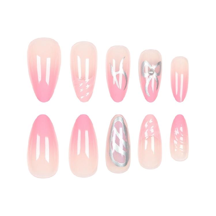 24 Pcs Glossy Press On Nail Almond Shape False Nail 3D Bowknot Stick On Nail French Tip Artificial Nail