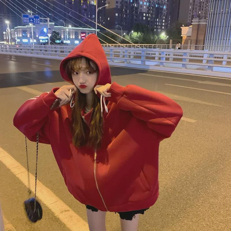 Official Women's Classic Oversized Hooded Zipper Sweater, 2020 Autumn/Winter Plus Velvet Jacket, Trendy Top