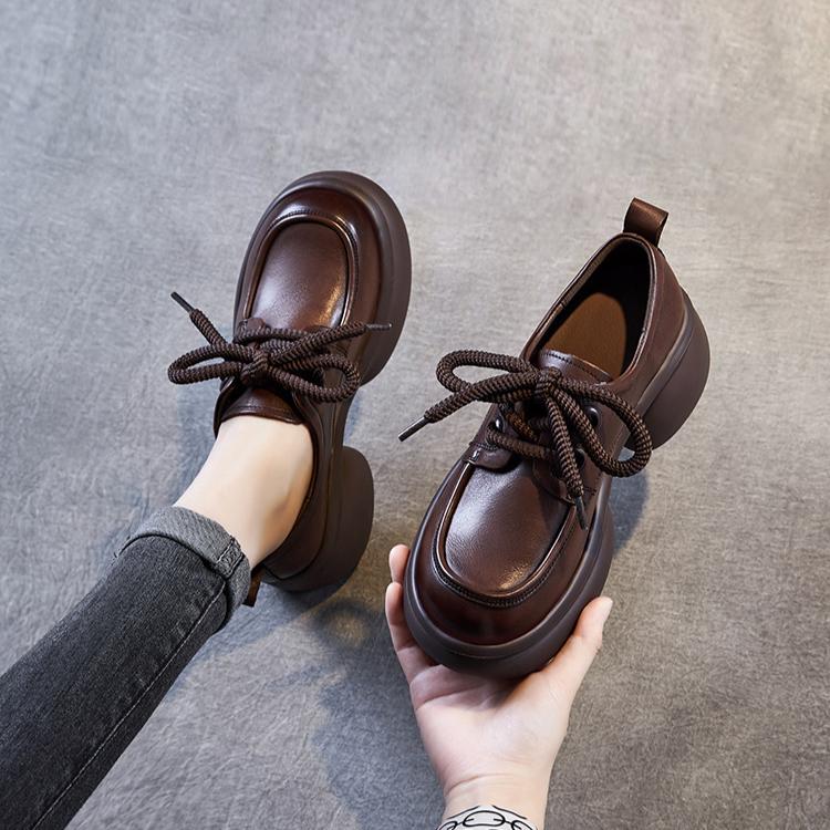 Johnature British Style Women's Platform Shoes Genuin Leather Casual Versatile Lace Up Commuting Shoes
