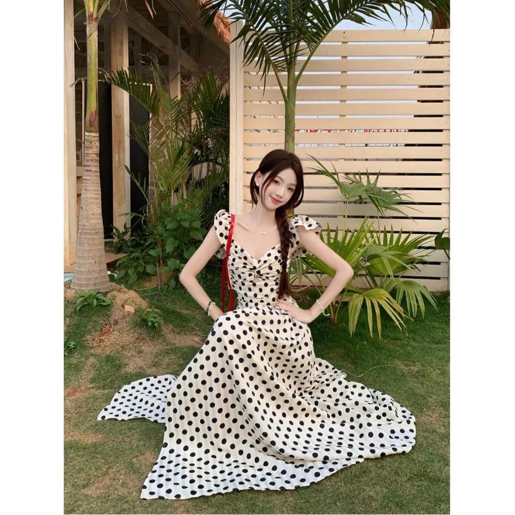 French Chic Polka Dot Summer Dress: Elegant Pleated Long Skirt with Slim Waist