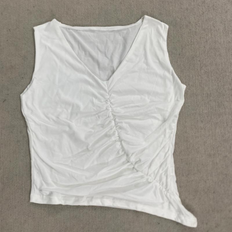 Summer women s solid color V-neck sleeveless pleated irregular sexy slim fit vest S белый