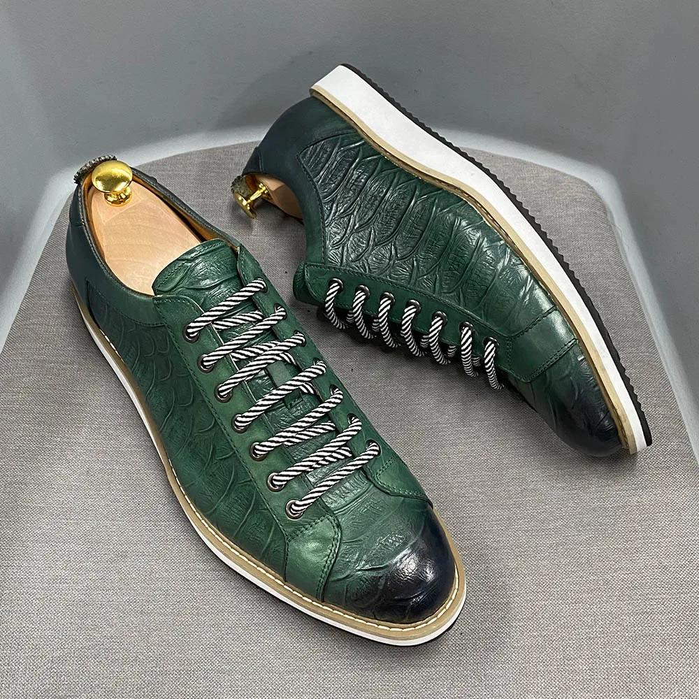Fashion Men's European Style Casual Shoes Real Cow Leather Green Black Fashion Designer Luxury Croc Print Flat Street Footwear