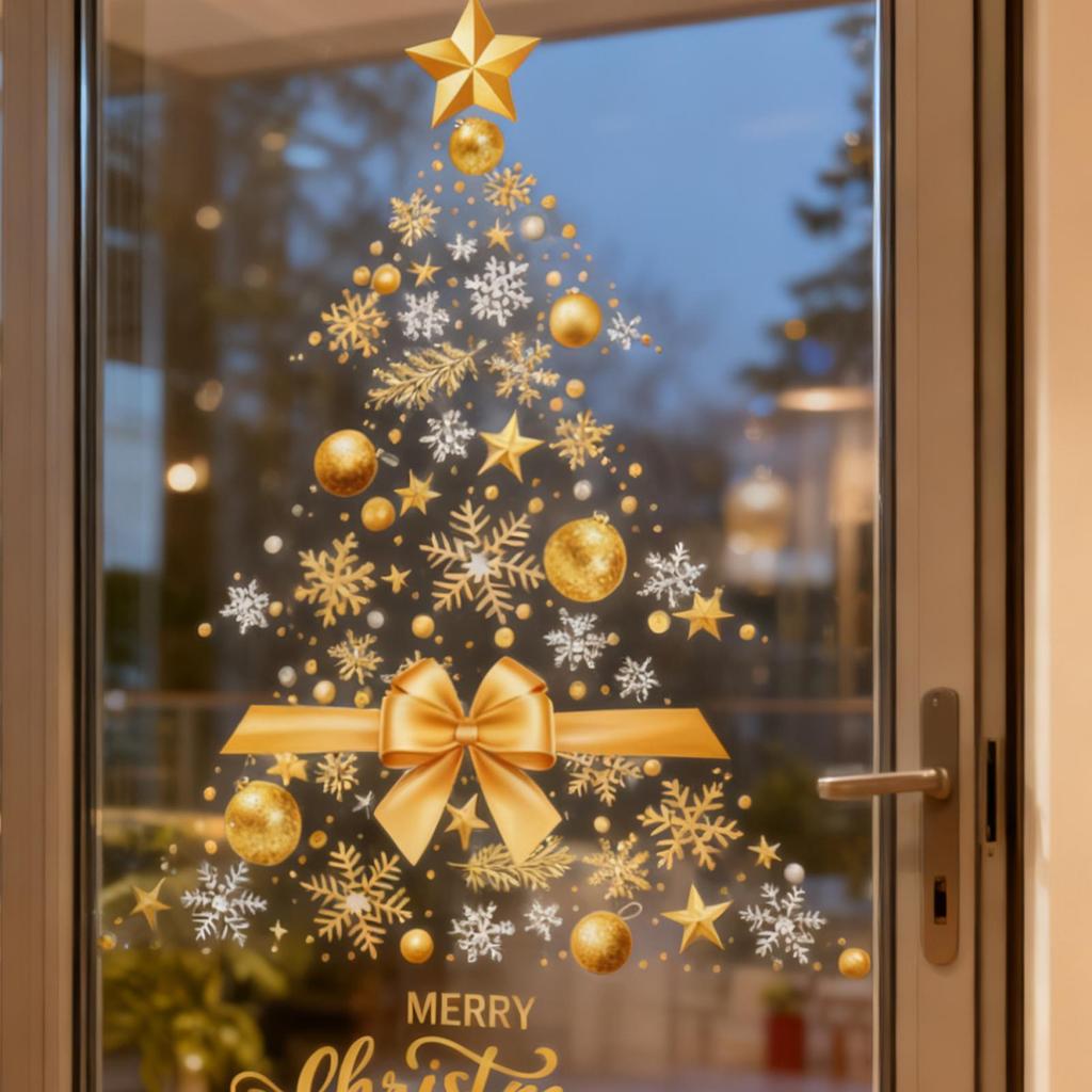 Christmas Window Stickers Large Static DIY Film Removable Golden Christmas Tree Window Decal for Wall Door Mirror Home Workplace