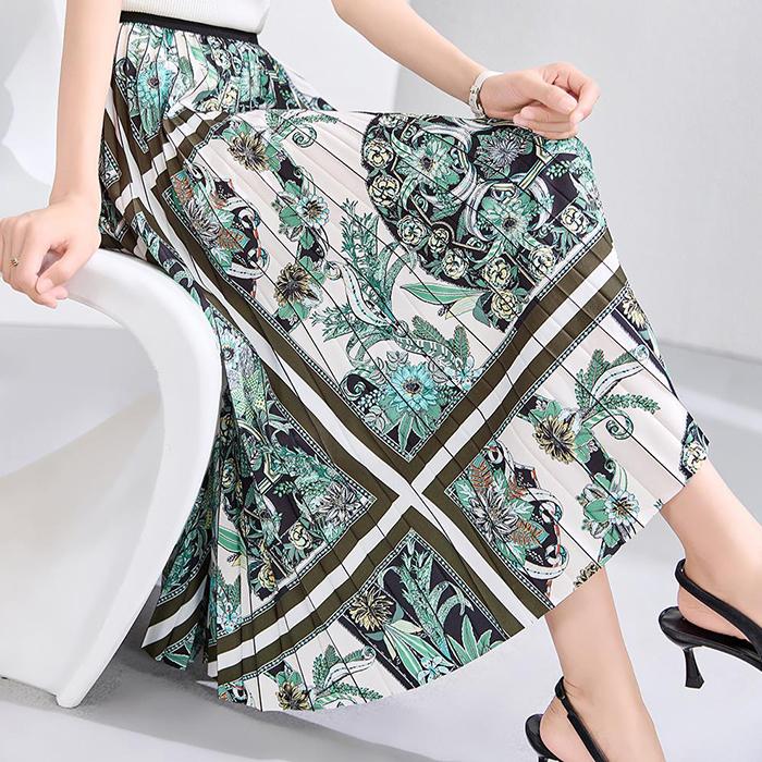 Women Spring Fall High Waist Wardrobe Retro Flower Printed All Match Pleated Skirt