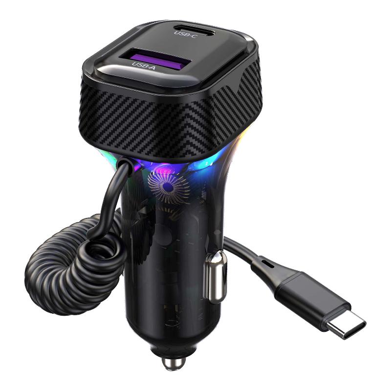 PD 30W Fast Charge Car Charger RGB Breathing Light Coiled Type C Cable Overheat Protection for Daily Commute Car Use