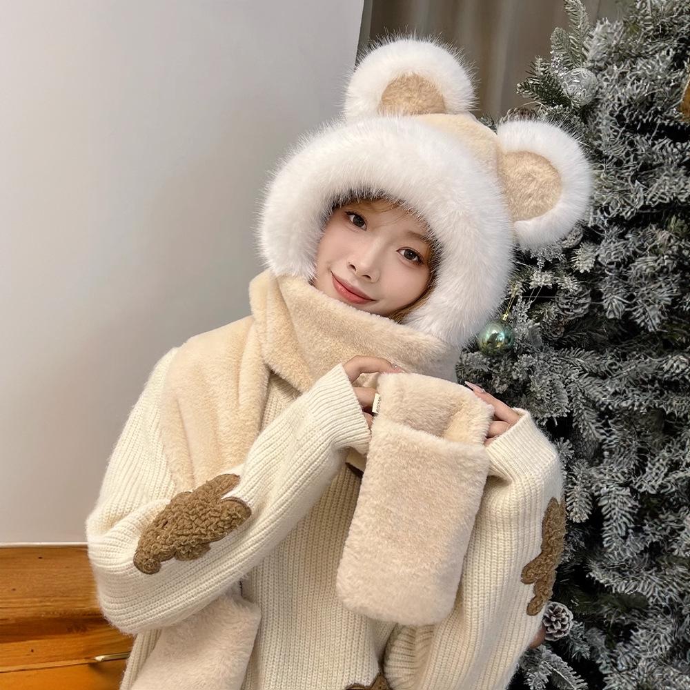 Women's Winter Rabbit Plush Hat, Scarf & Gloves Set - Cute, Thick, and Windproof.