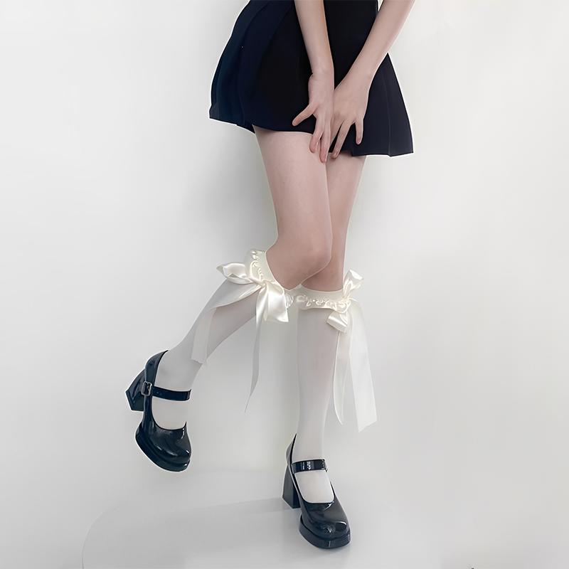 Sweet Girl Pure Desire Style Lace High Socks Bowknot Ribbon Long Knee Socks Stockings
