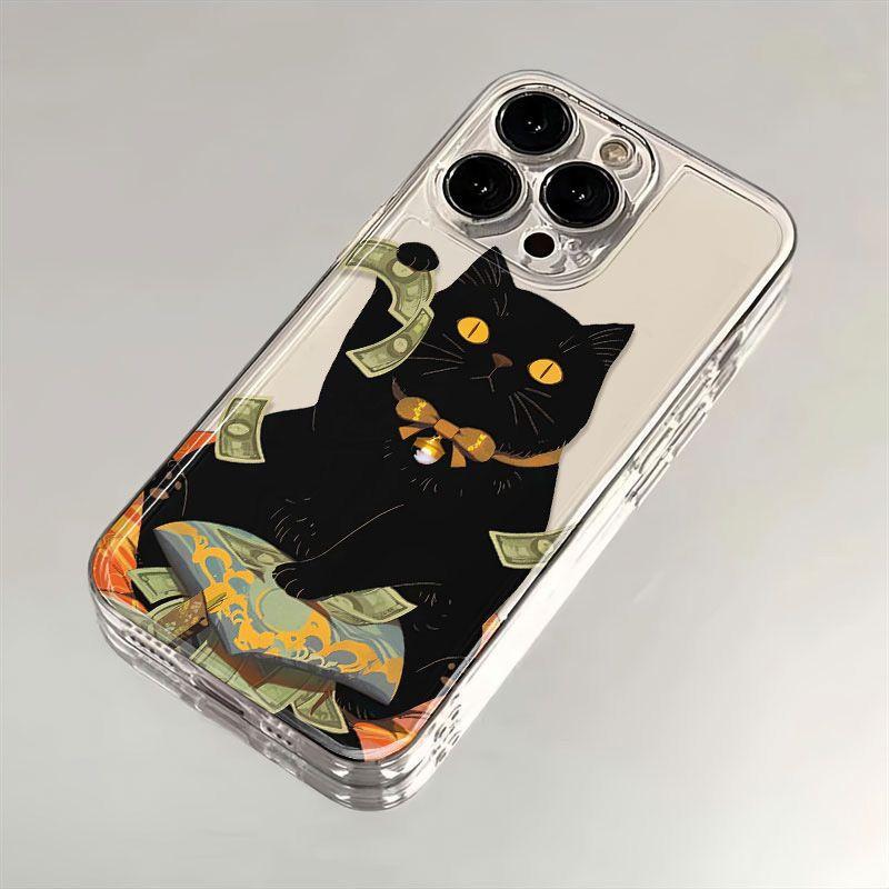 INS Cartoon Black Kitten Kitten Phone Case for IPhone 15 14 13 12 11 16 17 Pro Max 16 15 14 Plus Shockproof Transparent Cover
