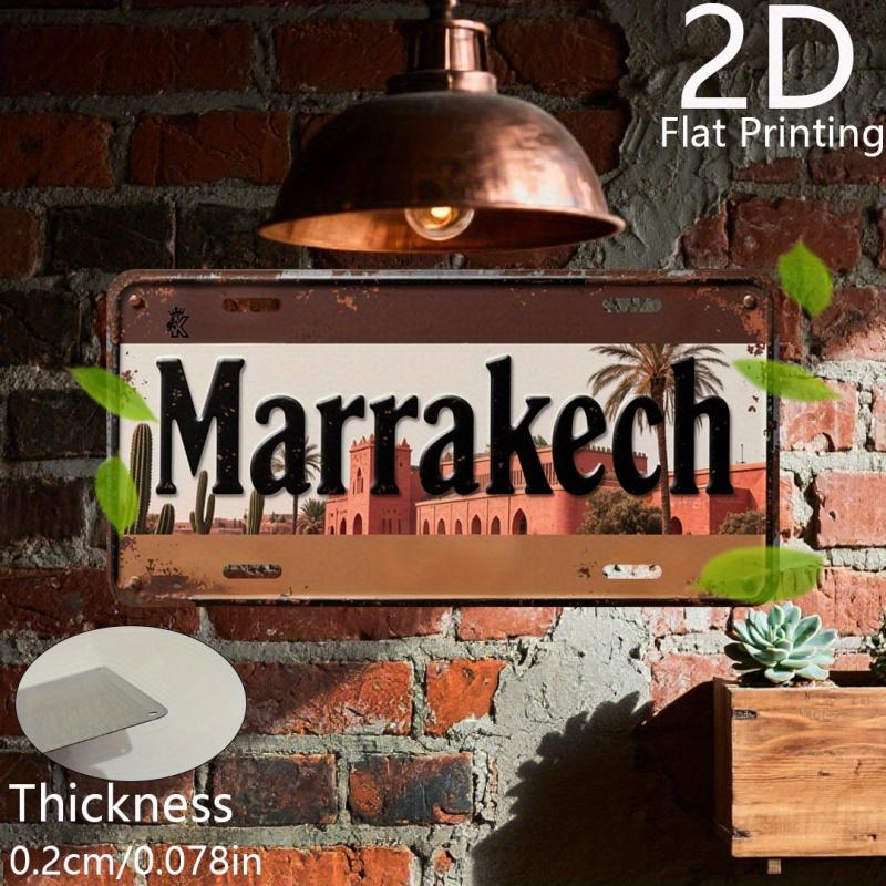 2D Flat, Retro Aluminum Plate, Decorative Plaque & Statues (6"x 12"), Marrakech with Desert Architecture, Travel Themed Decor