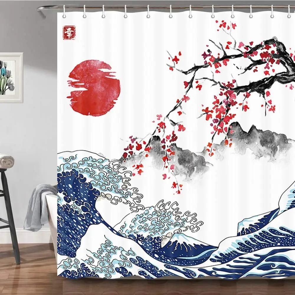 Japanese Style Shower Curtain Koi Fish Cherry Blossom Sun Sea Wave Octopus Landscape Polyester Fabric Curtains Bathroom Decor