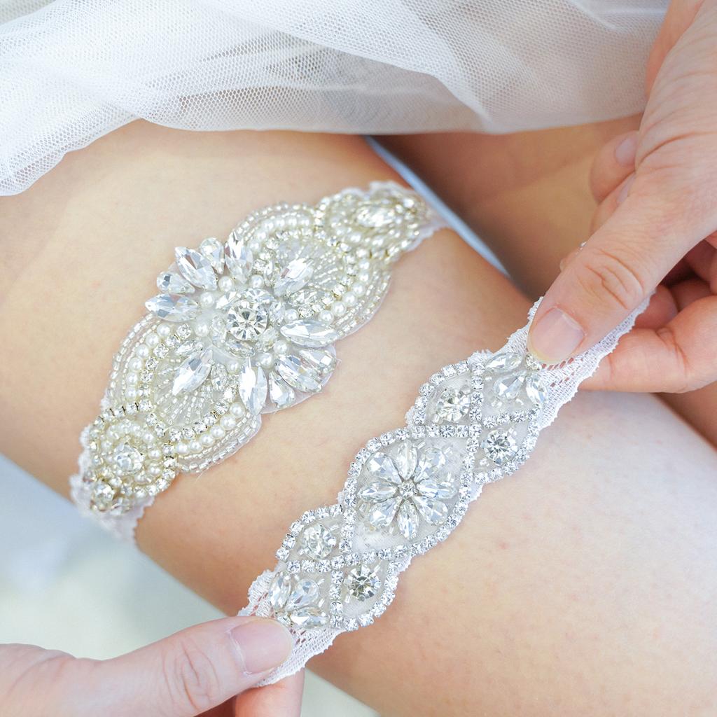 SLBRIDAL Sexy Lace Flower Crystal Rhinestones Pearls Bridal Garter Belt Wedding Thigh Leg Garter Ring for Women/Female/Bride
