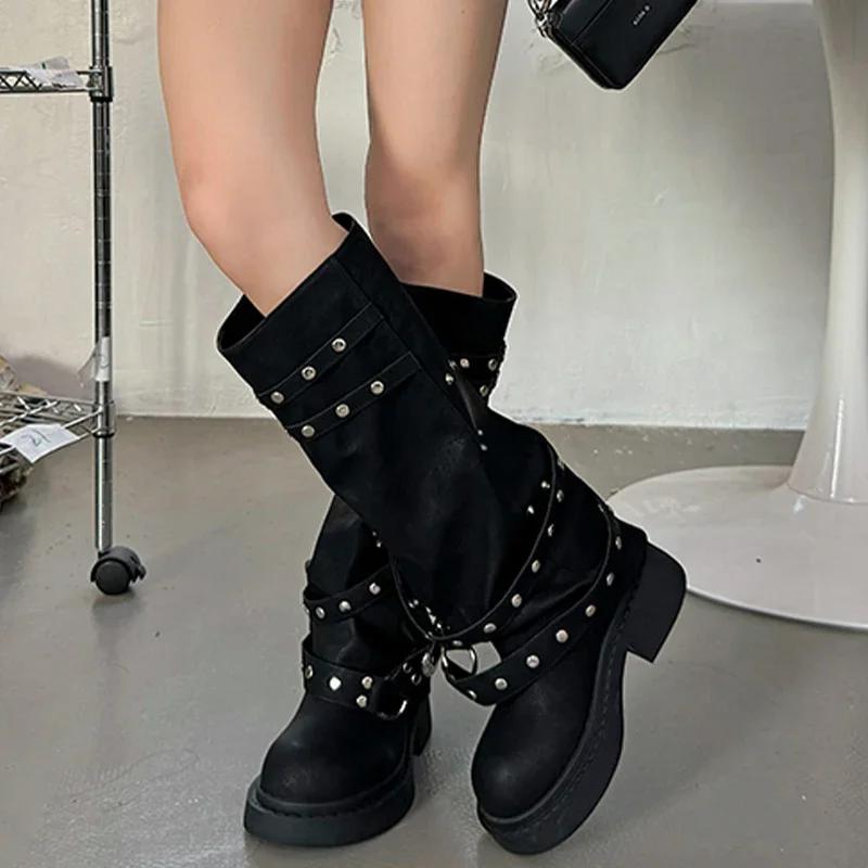 Frauen Mid Heels Hohe Stiefel Leder Mode Neue Knie Hohe Schuhe Frau Desigenr Chelsea Stiefel Walking Punk Mujer Motorrad Stiefel