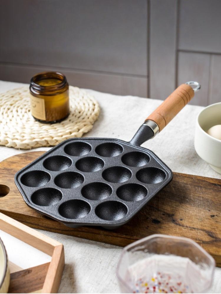 JUSTINLAU 14 Holes Frying Pan Octopus Balls Eggs Skillets Cast iron Baking Pan with Wooden Handle Uncoated Home Barbecue Dish