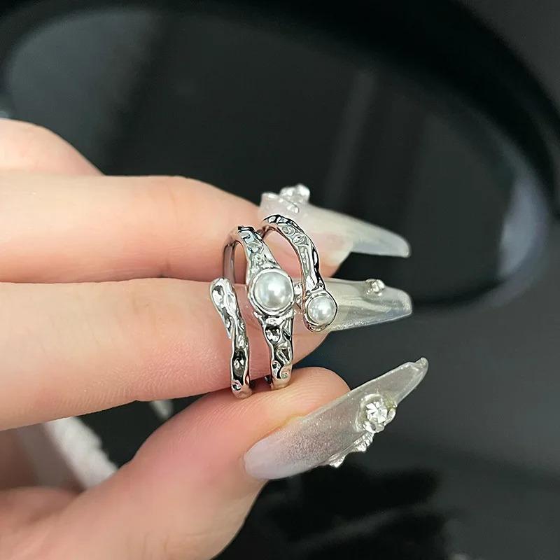 New Gothic Fashion Irregular Tassel Moonstone Rings Y2K Lava Chain Star Opal Stone Ring Pearl Rings Set for Women Jewelry