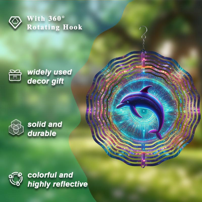 Holographic Dolphin Wind Chime. 10-inch vibrant metal art for balcony, terrace or garden. A perfect gift.