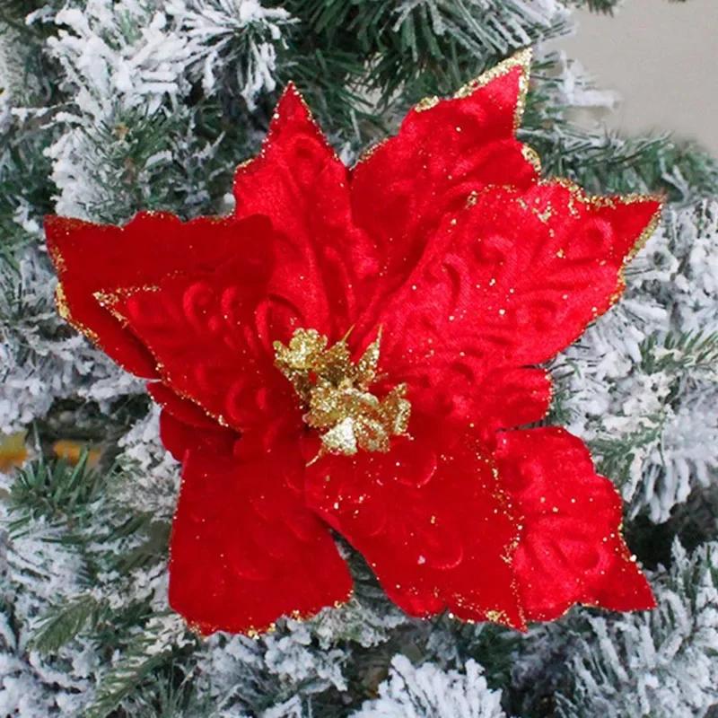 1pcs 28cm Christmas Glitter Artificial Poinsettia Flowers Artificial Xmas Tree Decor for Home Party New Year Ornaments